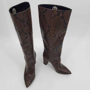 INC Paiton brown snakeskin print chunky heel boots